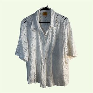 Ruby Rd. White Eyelet Short Sleeve Button Down Collared Blouse 20W